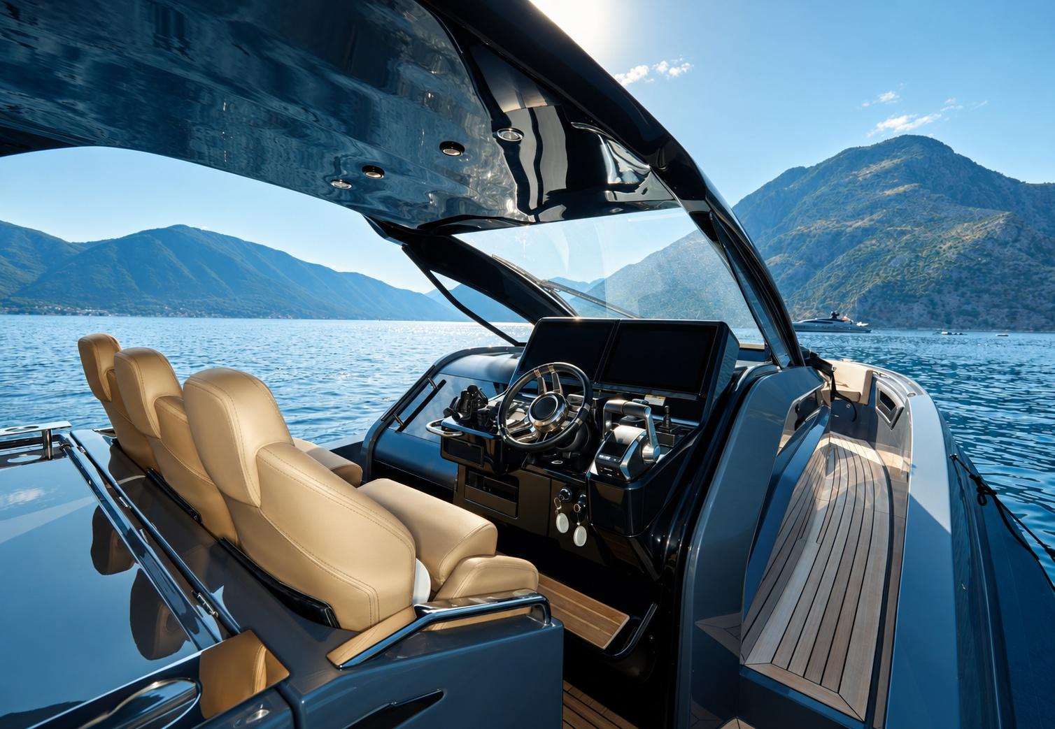 Cockpit d’un bateau à moteur au mouillage en Corse-du-Sud